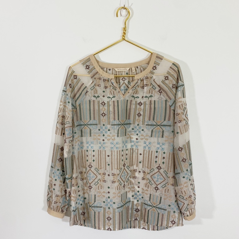 Soft Surroundings‎ Small Embroidered Beige Neutral Blouse Top